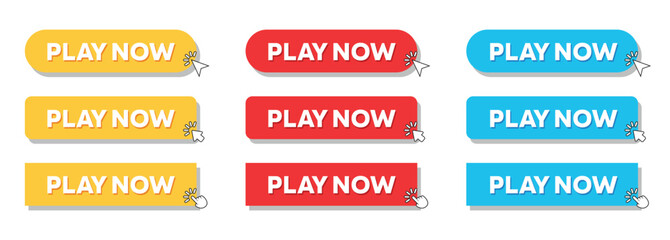Simple Play Now Web Button Set with hand pointer or arrow pointer modern minimal style vector