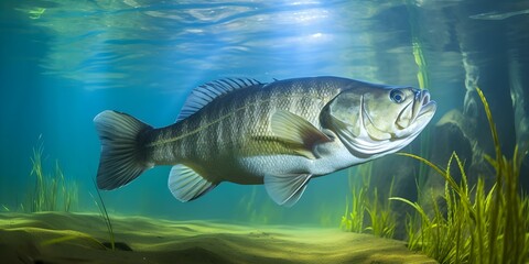 Fototapeta premium Largemouth Bass Hunting for Prey in Its Underwater Habitat. Concept Fishing, Largemouth Bass, Underwater Habitat, Hunting Behavior, Predator Prey Interaction