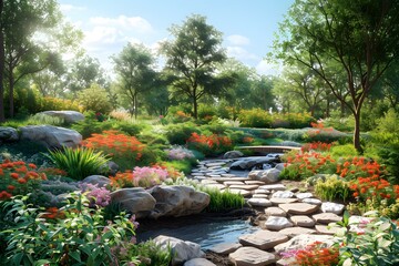 Obraz premium A beautiful garden with a stone path and a small stream running through it. The garden is full of colorful flowers and lush green plants. There is a large tree in the background.