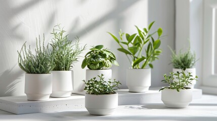Plants in white pots with a concrete background.

