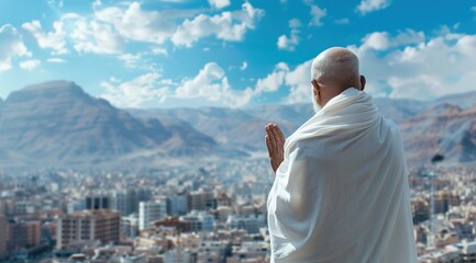 Portrait of a bald man wearing a white religious shirt praying on top of a mountain.