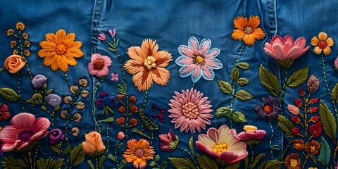 Elegant Floral Embroidery Design on Premium Denim Jeans Fabric: Artistic Countryside Background. Concept Countryside Fashion, Floral Embroidery, Denim Jeans, Premium Fabric, Artistic Design