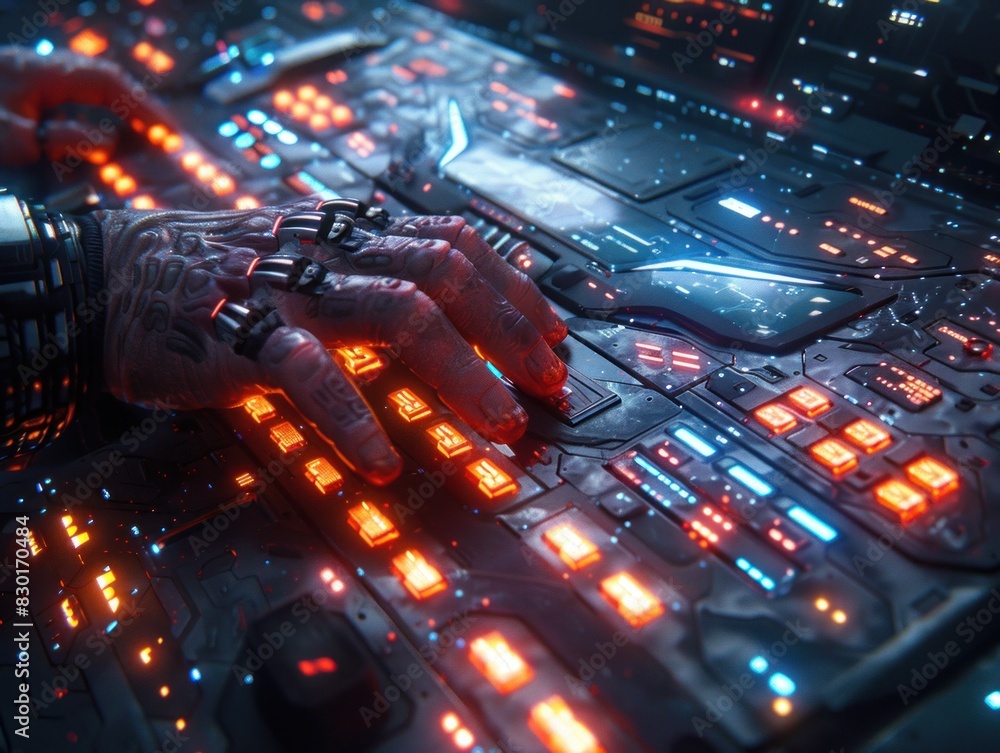Poster a software developer operates a high-tech, illuminated control panel in a dark setting