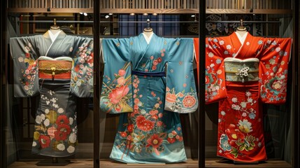 Three elegant kimono with floral patterns displayed in a glass case