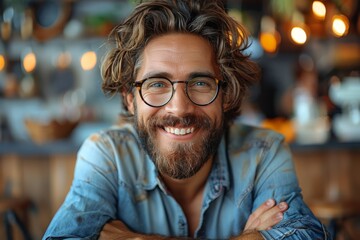 Portrait of a cheerful man with glasses smiling broadly, dressed in a casual blue denim shirt in a café