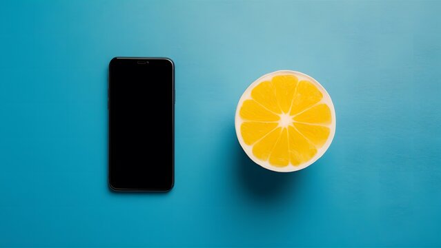 A sleek smartphone black screen with lemon placed on the left side of a solid vibrant blue background, ideal for tech and food related content template