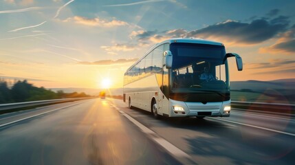 Fototapeta premium A white tourist bus drives on a highway at sunset.