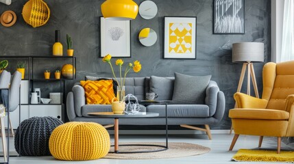 A cozy living room with a yellow lamp, grey sofa, yellow pouf, and designer chair.

