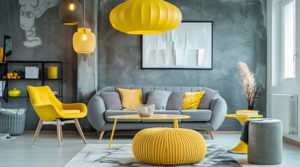 A cozy living room with a yellow lamp, grey sofa, yellow pouf, and designer chair.

