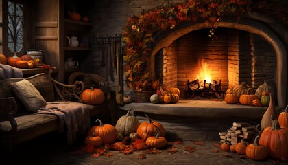 Cozy autumn scene with a fireplace decorated for fall, featuring pumpkins, a wooden bench with blankets, and a warm glowing fire.