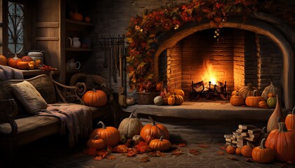 Obraz premium Cozy autumn scene with a fireplace decorated for fall, featuring pumpkins, a wooden bench with blankets, and a warm glowing fire.