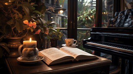 Cozy indoor scene with an open book, lit candle, potted plant, and piano by the window, creating a peaceful ambiance for reading and relaxation.