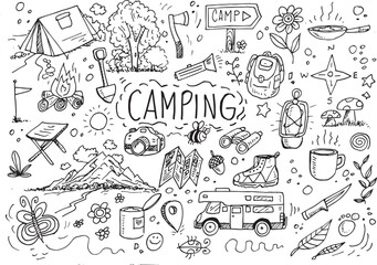 Camping doodles, hand drawn vector elements
