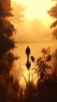 Silueta de hombre en soledad sumergi&eacute;ndose en el agua del lago al atardecer en paisaje ex&oacute;tico con niebla

