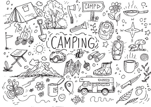 Camping doodles, hand drawn vector elements
