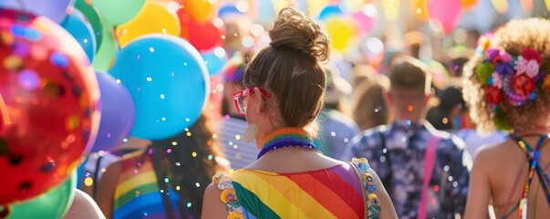 Diverse LGBTQ+ community gathering for a cultural festival, colorful and festive atmosphere, copy space.