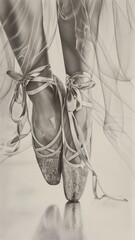  pencil sketch captures the essence of a ballerina's grace, as the dancer's dainty feet are poised in a captivating ballet position