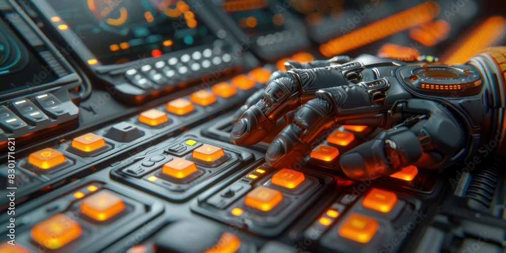 Poster a close-up view of a robotic hand manipulating a control panel