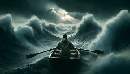 A man rows a small boat amidst towering waves in a violent sea storm, battling against the elements under a dark, ominous sky, showcasing nature's fury and his determination.