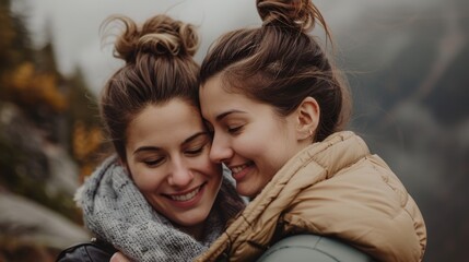 Lesbian couple enjoying a romantic getaway in the mountains, love and adventure.