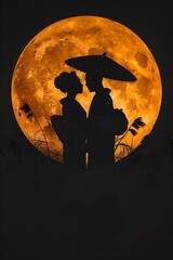Silhouette of asian couple under full moon. Tanabata festival concept. Japanese holiday and culture of Japan. Illustration for greeting card, banner, wallpaper
