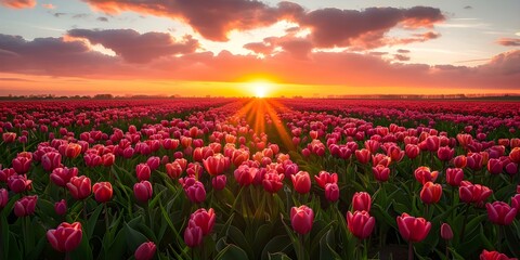 Obraz premium Golden Glow: A Vibrant Sunset over a Field of Spring Flowers. Concept Landscape Photography, Sunset Views, Spring Blossoms, Golden Hour Trends
