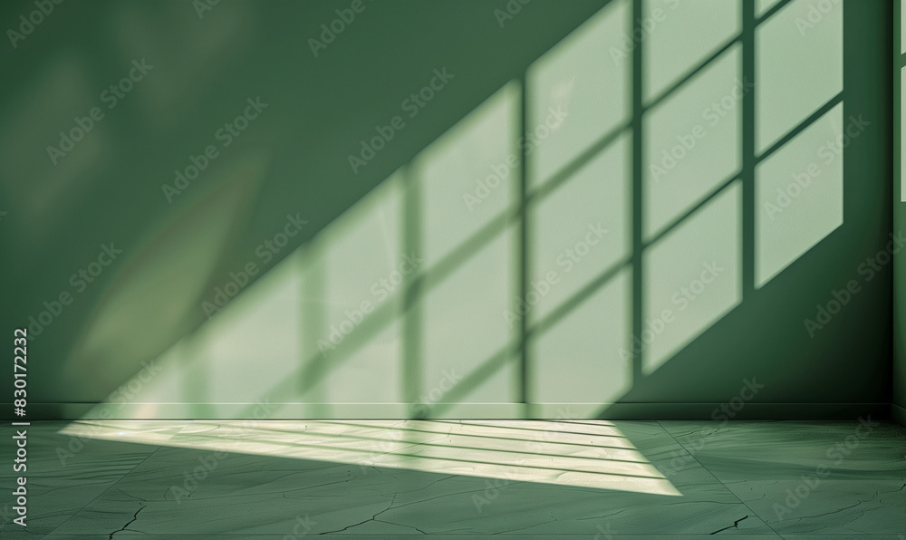 Poster light green background, sunlight shining through the window onto the floor, casting soft shadows on 