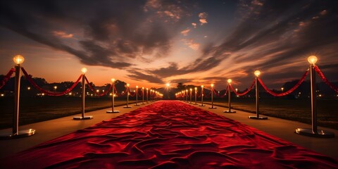 Glamorous Nighttime Event with Red Carpet Spotlights and Velvet Rope Entrance. Concept Red Carpet Event, Nighttime Glamour, Velvet Rope Entrance, Spotlights, Elegant Attire