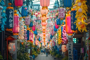Naklejka premium Decorative paper lanterns hanging in festive street. Tanabata festival concept. Japanese holiday and Japan culture. Design for greeting card, banner, poster