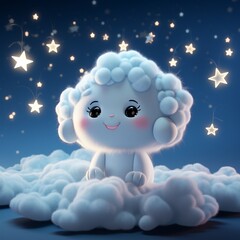 Obraz premium Charming baby moon illustration with kawaii cartoon clouds and starry dream