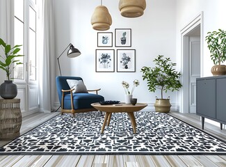 Black and white patterned rug on the floor of an elegant living room with a blue armchair,