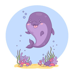 Cute happy dolphin. Underwater world with seaweed and funny cartoon kawaii character animal. Vector illustration. Kids collection
