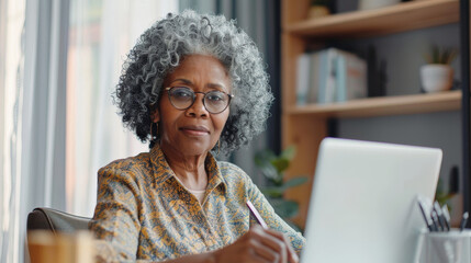 Senior Woman Working on Laptop. Modern Elderly Professional in Home Office. Concept of retired, pensioner using technology