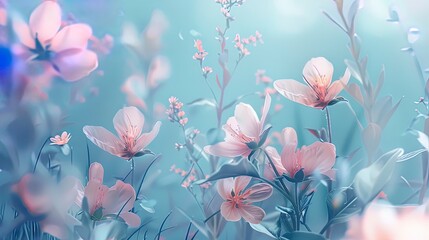 Delicate voluminous pink flowers on a blue background.