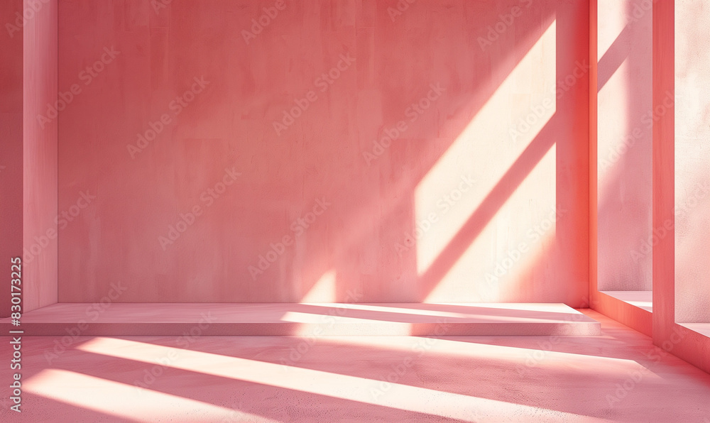 Poster a minimalist pink room with soft lighting and shadows, creating an atmosphere of calmness and simpli