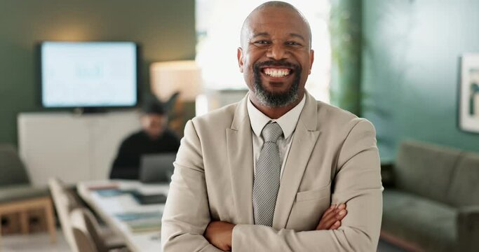 Portrait, black man and manager in office for meeting, professional and pride with smile. Happy, arms crossed and workplace for ceo and entrepreneur, law firm or corporate for attorney at business