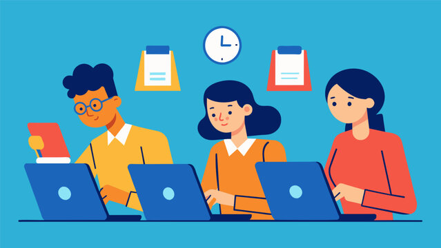 Members of the team frantically typing away on their laptops trying to meet the publication deadline.. Vector illustration