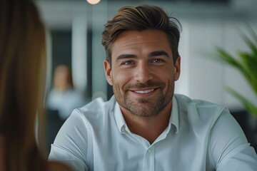Obraz premium Man sitting at table with woman in background