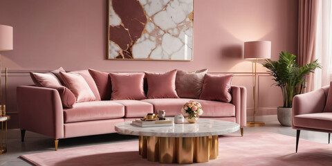A luxurious pastel living room with a velvet sofa in a dusty rose hue and a marble coffee table