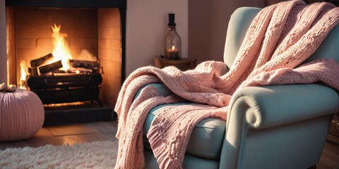 A cozy pastel living room with a crackling fireplace and a knitted throw blanket draped over the armchair.