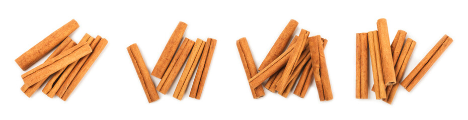 Cinnamon sticks isolated on white background. Cinnamon roll. Spicy spice for baking, desserts and drinks. Fragrant ground cinnamon.