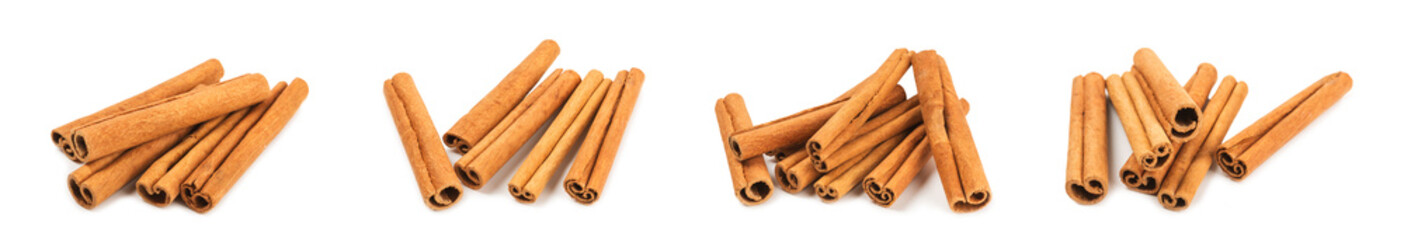 Cinnamon sticks isolated on white background. Cinnamon roll. Spicy spice for baking, desserts and drinks. Fragrant ground cinnamon.