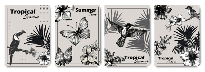 Creative tropical posters with flowers, birds and leaves photocopy effect grunge stippling grain messy texture.   Trendy y2k aesthetic vector illustration banner, cover,  label, poster, ads.