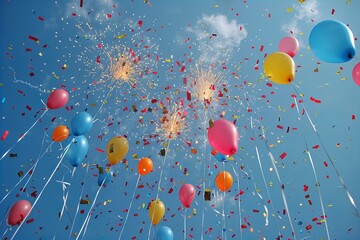 Colorful balloons and confetti floating under clear blue sky