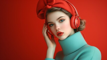 young woman with headphones in a red vintage style