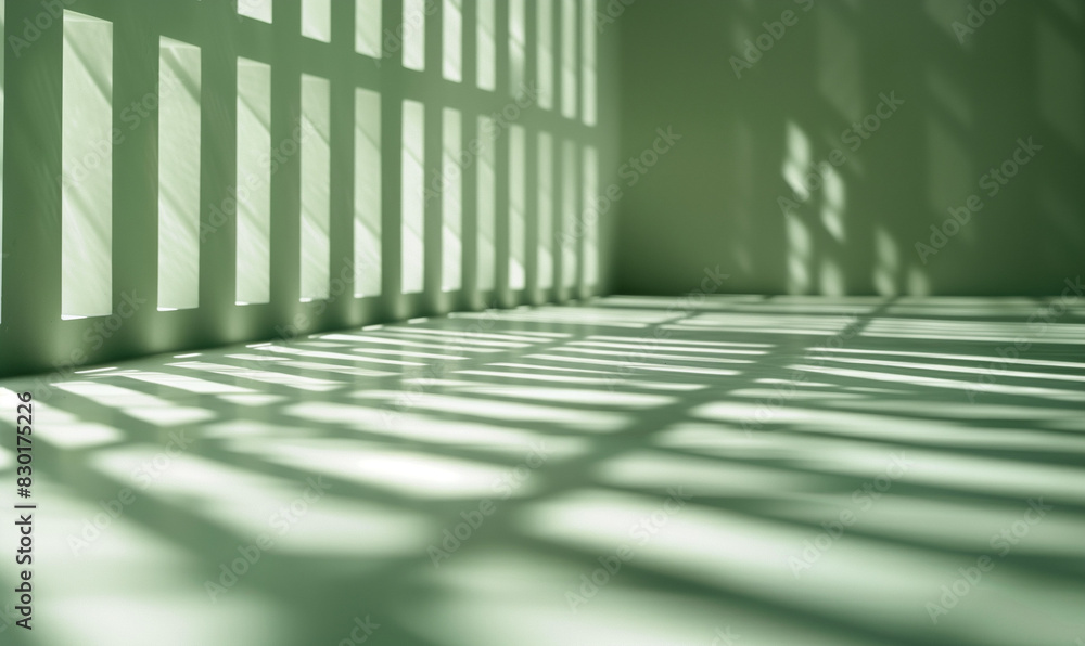Poster light green shadow background with window and floor. the sunlight shines through the bars of the pri