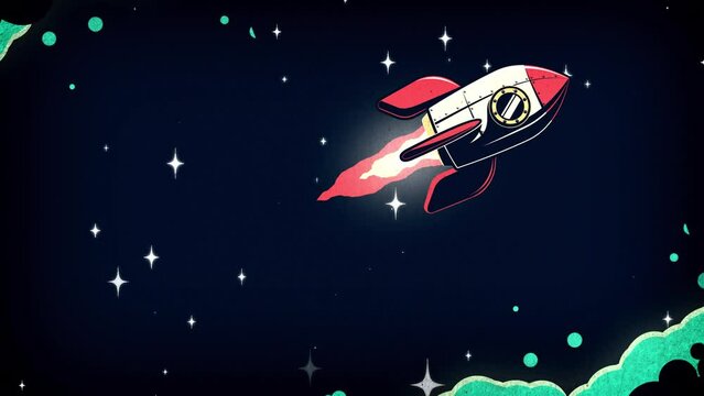 A rocket flies in space among clouds of cosmic dust - retro cartoon animation. Vintage rocket in space - comic style.