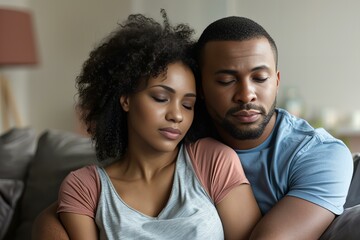 Obraz premium Man and woman sitting on couch looking at cell phone