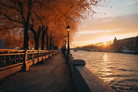 Golden Sunset Along the Riverside Pathway. Generative AI image