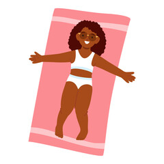 Cheerful Young Girl In White And Blue Bikini Sunbathes On A Bright Pink Beach Towel. Vector Image Captures Joy And Relax